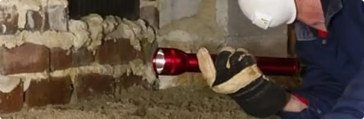 Pest control technician inspecting a crawl space for ant activity in Calabash, NC