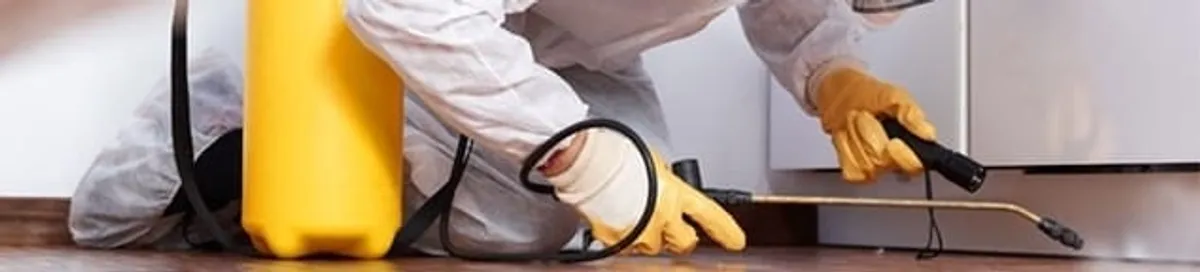 Roach exterminator treating cracks and crevices along kitchen baseboards in Myrtle Beach, SC